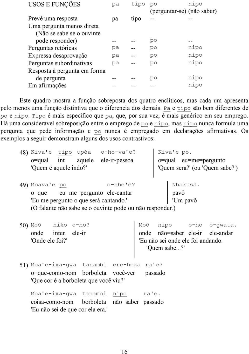 sobreposta dos quatro enclíticos, mas cada um apresenta pelo menos uma função distintiva que o diferencia dos demais. Pa e tipo são bem diferentes de po e nipo.