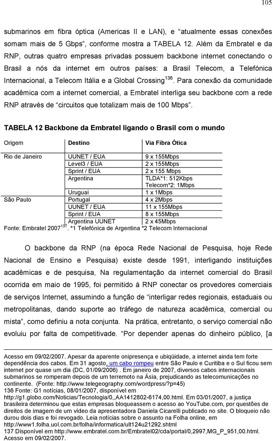 Itália e a Global Crossing 136. Para conexão da comunidade acadêmica com a internet comercial, a Embratel interliga seu backbone com a rede RNP através de circuitos que totalizam mais de 100 Mbps.