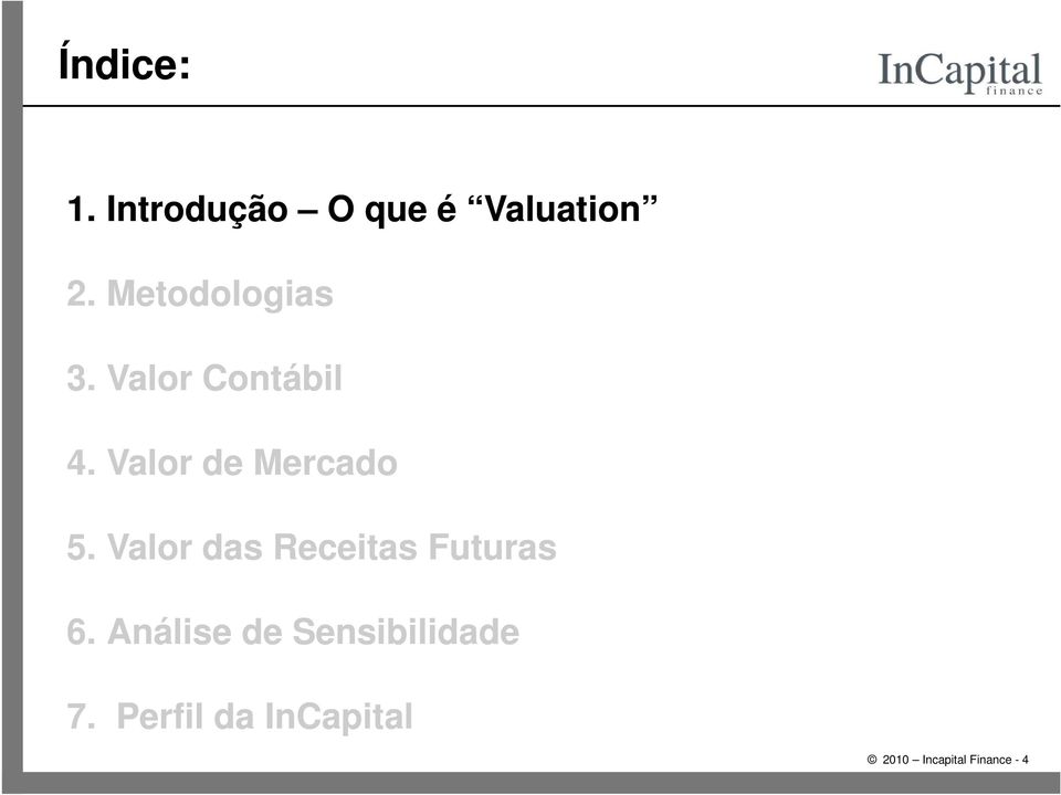 Valor de Mercado 5. Valor das Receitas Futuras 6.