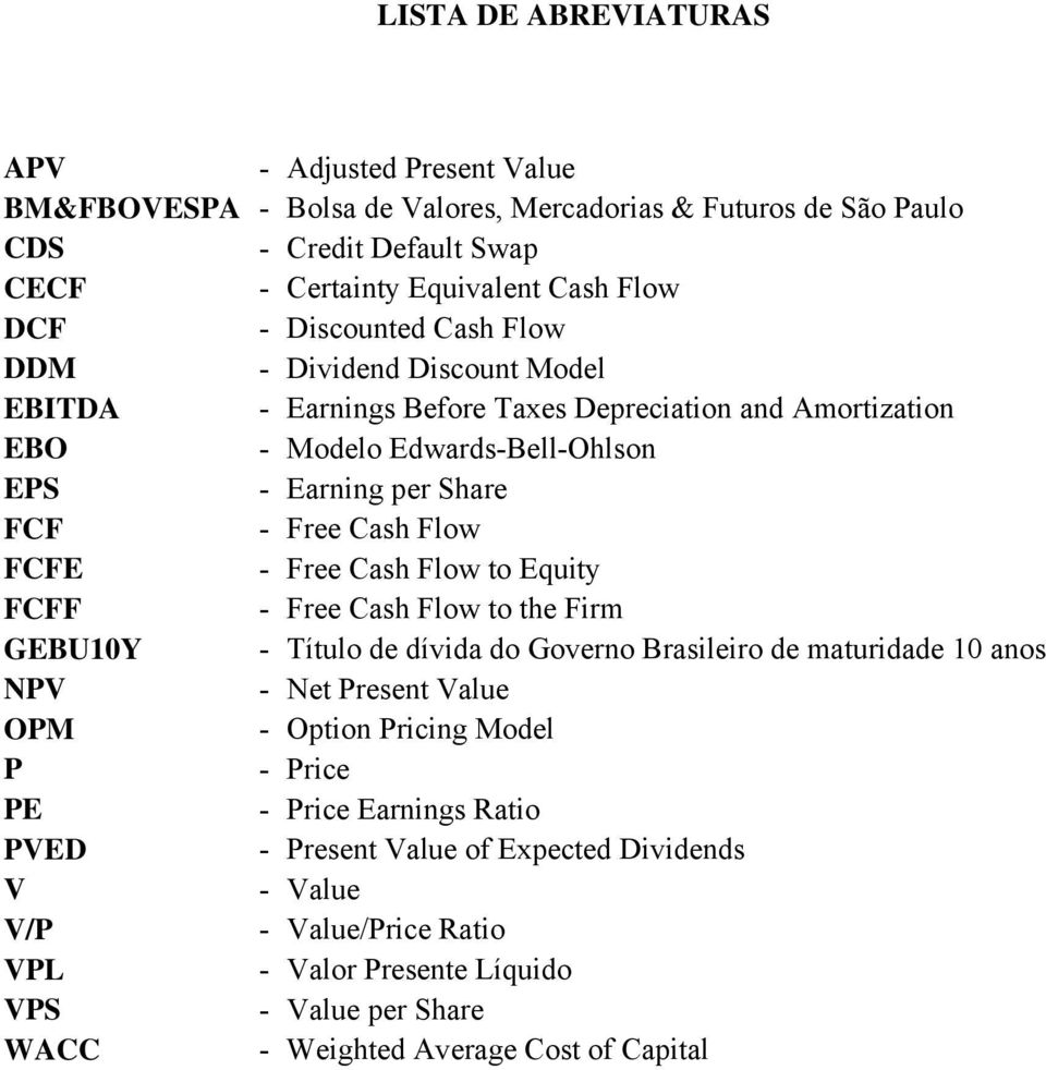 FCFE - Free Cash Flow to Equity FCFF - Free Cash Flow to the Firm GEBU10Y - Título de dívida do Governo Brasileiro de maturidade 10 anos NPV - Net Present Value OPM - Option Pricing Model P -