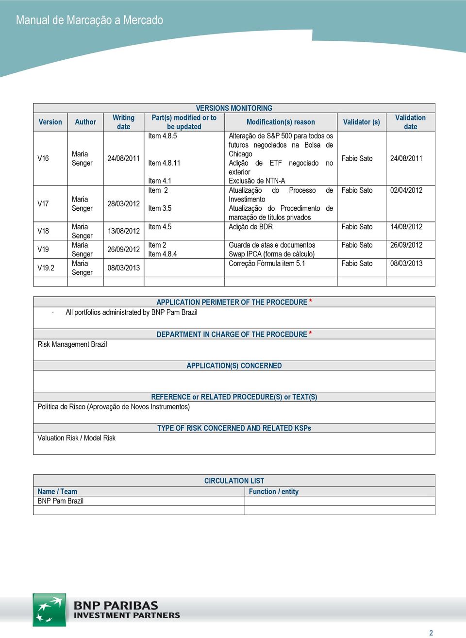 Modification(s) reason Validator (s) be updated date Item 4.8.5 Alteração de S&P 500 para todos os futuros negociados na Bolsa de Chicago Item 4.8.11 Adição de ETF negociado no Fabio Sato 24/08/2011 exterior Item 4.