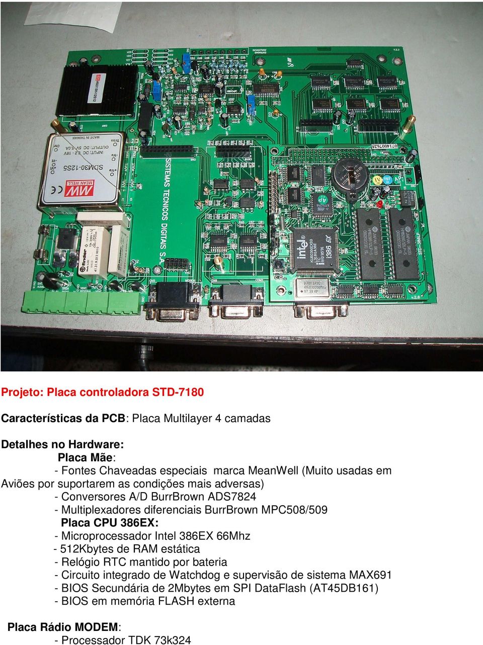 Placa CPU 386EX: - Microprocessador Intel 386EX 66Mhz - 512Kbytes de RAM estática - Relógio RTC mantido por bateria - Circuito integrado de Watchdog e