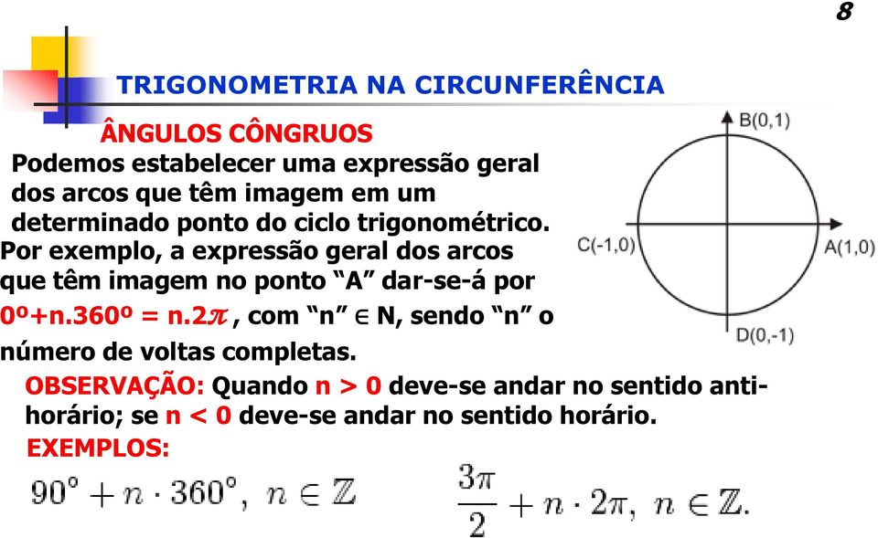 Por exemplo, a expressão geral dos arcos que têm imagem no ponto A dar-se-á por 0º+n.360º = n.