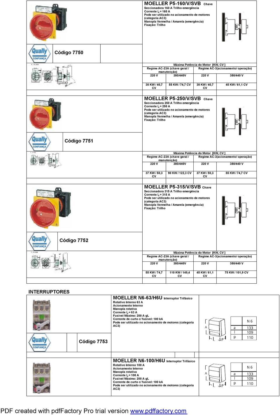 MOELLER P5-315/V/SVB Chave Seccionadora 315 A Trilho emergência Corrente I u = 315 A (categoria Código 7752 Máxima Potência do Motor [KW, ] 55 KW / 74,7 110 KW / 149,4 45 KW / 61,1 75 KW /