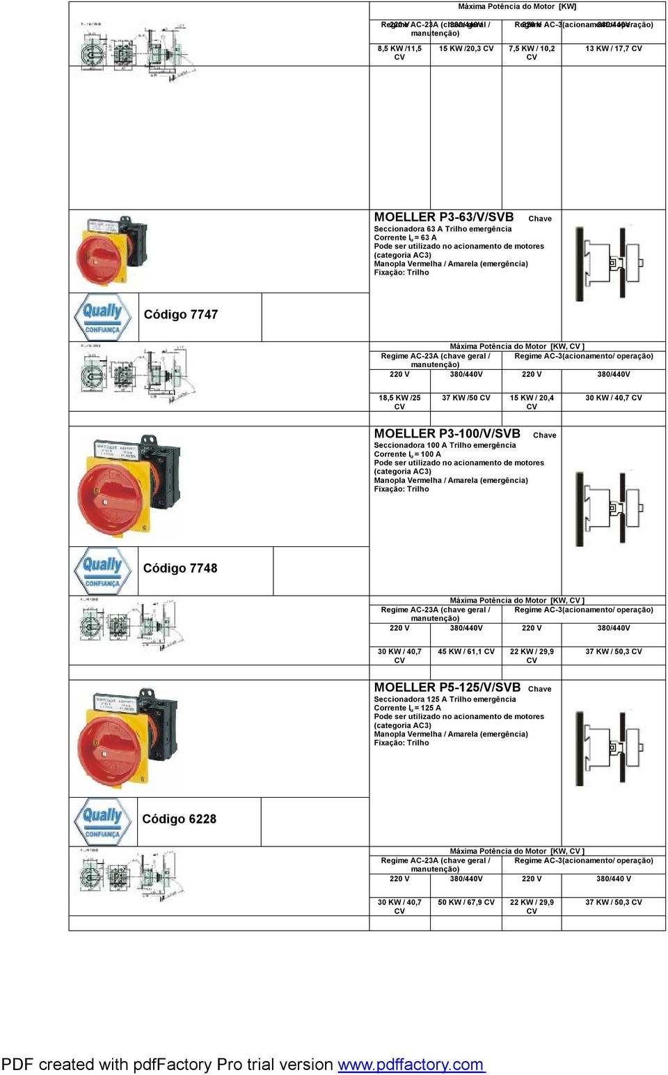 P3-100/V/SVB Chave Seccionadora 100 A Trilho emergência Corrente I u = 100 A (categoria Código 7748 Máxima Potência do Motor [KW, ] 30 KW / 40,7 45 KW / 61,1 22 KW / 29,9 37 KW /