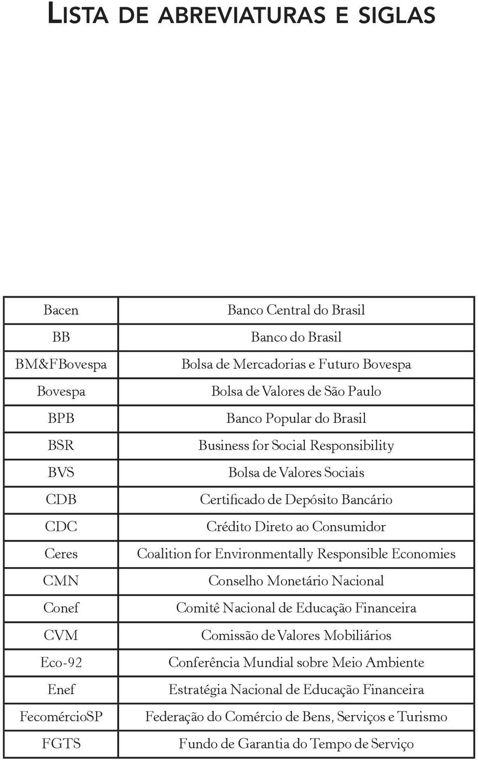 Bancário Crédito Direto ao Consumidor Coalition for Environmentally Responsible Economies Conselho Monetário Nacional Comitê Nacional de Educação Financeira Comissão de Valores