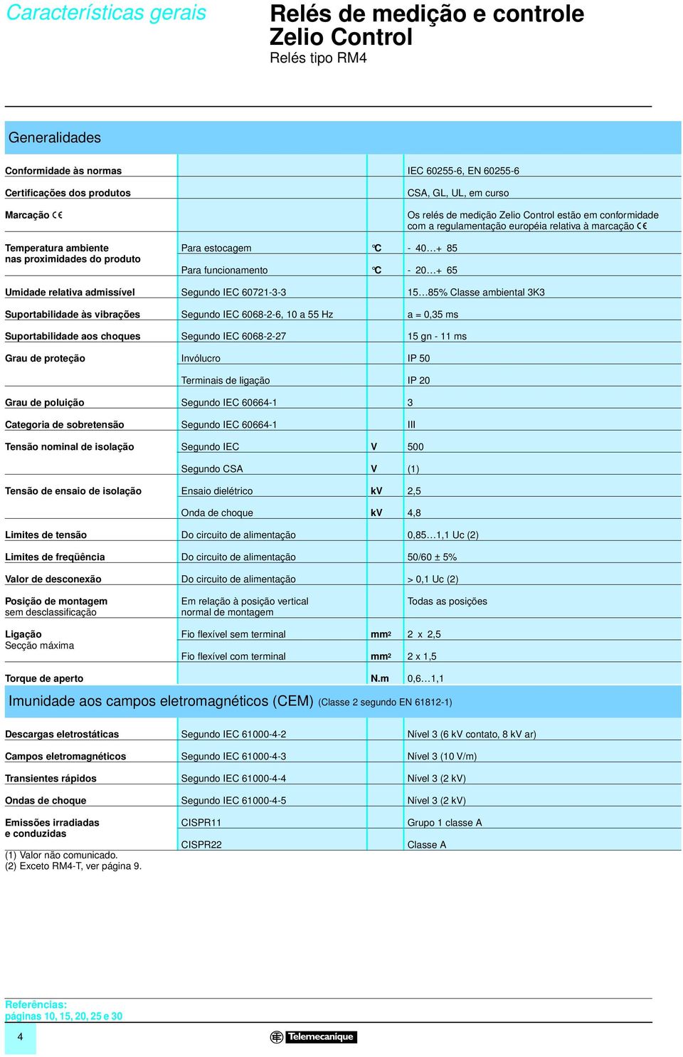 Classe ambienal K Suporabilidade às vibrações Segundo IEC 6068--6, 0 a 55 Hz a = 0,5 ms Suporabilidade aos choques Segundo IEC 6068--7 5 gn - ms Grau de proeção Invólucro IP 50 Terminais de ligação