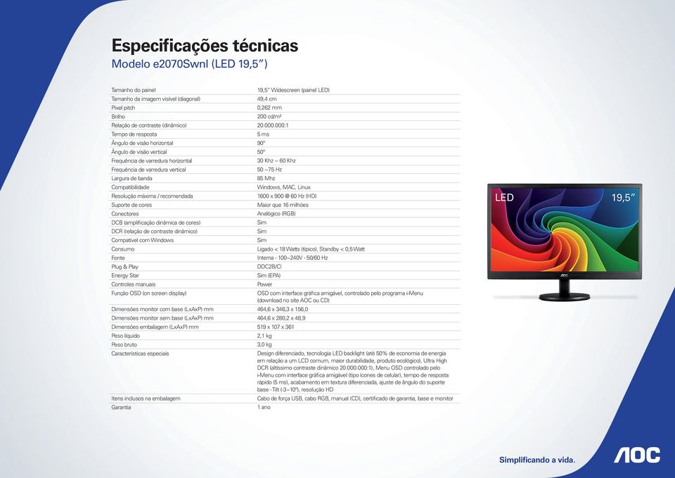 energia em relação a um LCD comum, maior durabilidade, produto ecológico), Ultra High DCR (altíssimo contraste dinâmico ), Menu OSD controlado pelo i-menu com interface gráfica amigável (tipo ícones