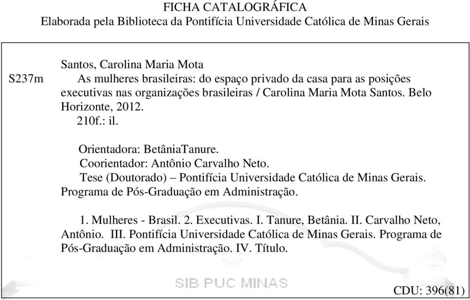 Coorientador: Antônio Carvalho Neto. Tese (Doutorado) Pontifícia Universidade Católica de Minas Gerais. Programa de Pós-Graduação em Administração. 1. Mulheres - Brasil. 2.