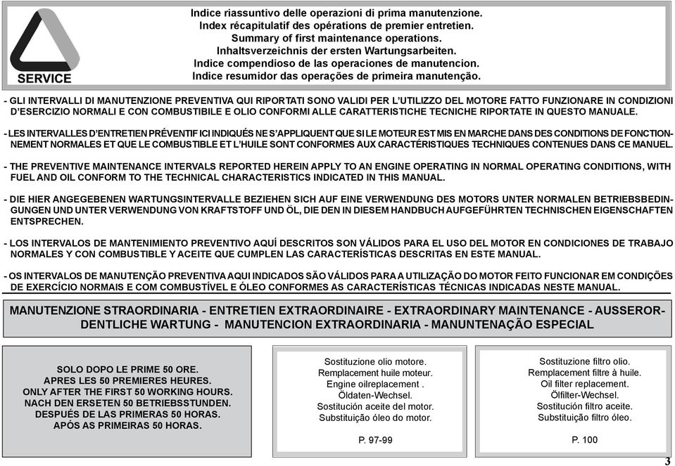 - GLI INTERVALLI DI MANUTENZIONE PREVENTIVA QUI RIPORTATI SONO VALIDI PER L UTILIZZO DEL MOTORE FATTO FUNZIONARE IN CONDIZIONI D ESERCIZIO NORMALI E CON COMBUSTIBILE E OLIO CONFORMI ALLE