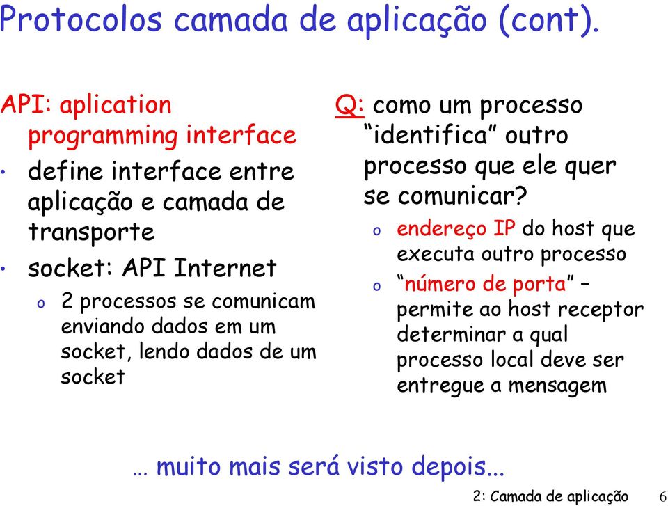 se comunicam enviando dados em um socket, lendo dados de um socket Q: como um processo identifica outro processo que ele quer se