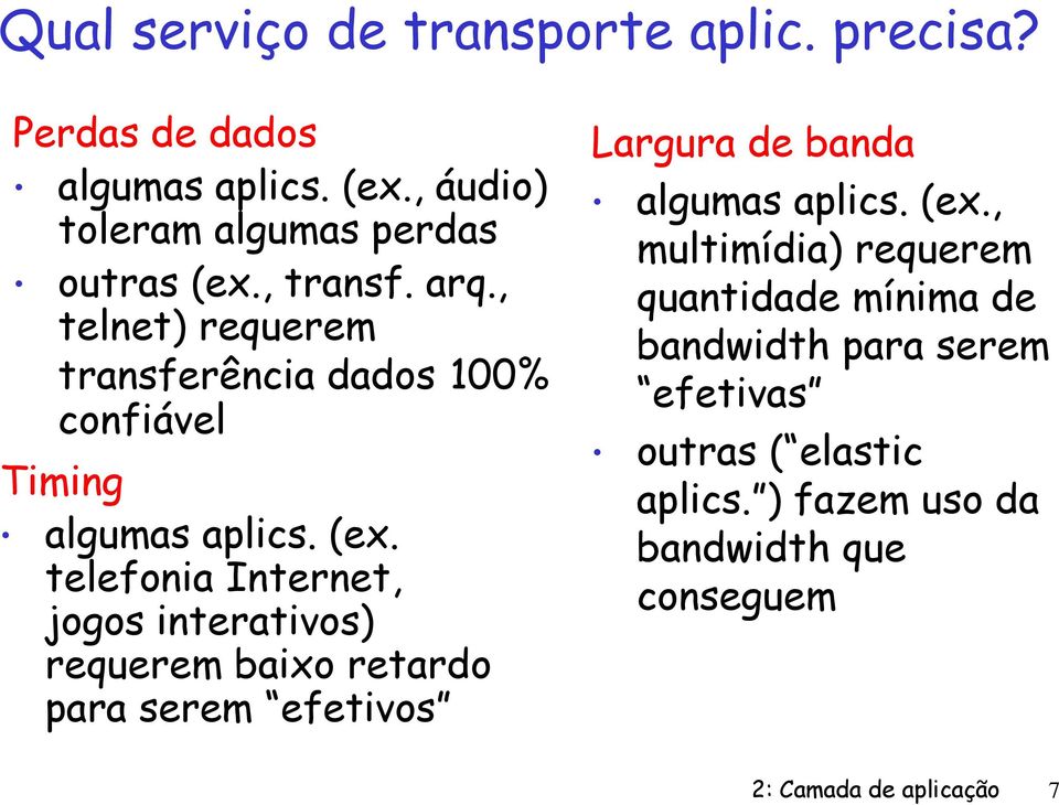 telefonia Internet, jogos interativos) requerem baixo retardo para serem efetivos Largura de banda algumas aplics. (ex.