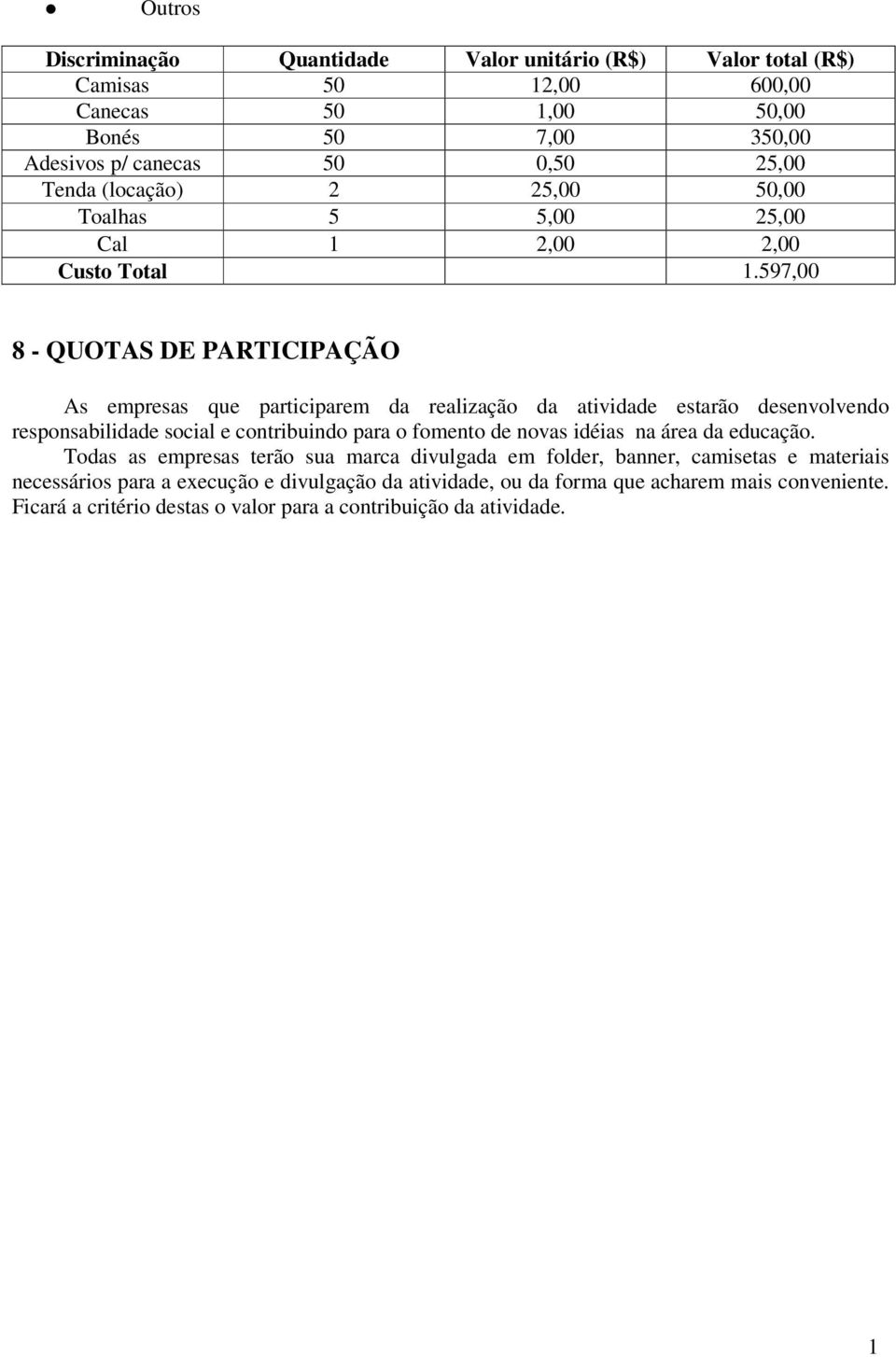 597,00 8 - QUOTAS DE PARTICIPAÇÃO As empresas que participarem da realização da atividade estarão desenvolvendo responsabilidade social e contribuindo para o fomento de novas