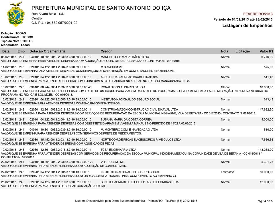 13/02/2013 239 020101 04.122.0011.2.004 3.3.90.33.00.00 10 AZUL LINHAS AEREAS BRASILEIRAS S/A Normal 541,46 VALOR QUE SE EMPENHA PARA ATENDER DESPESAS COM FORNECIMENTO DE PASSAGENS AEREAS NO TRECHO MANAUS/TABATINGA.