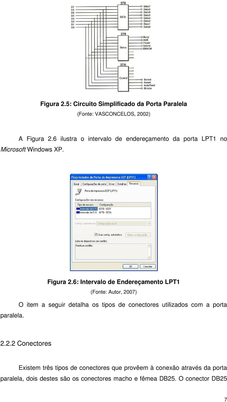 6: Intervalo de Endereçamento LPT1 (Fonte: Autor, 2007) O item a seguir detalha os tipos de conectores utilizados com a