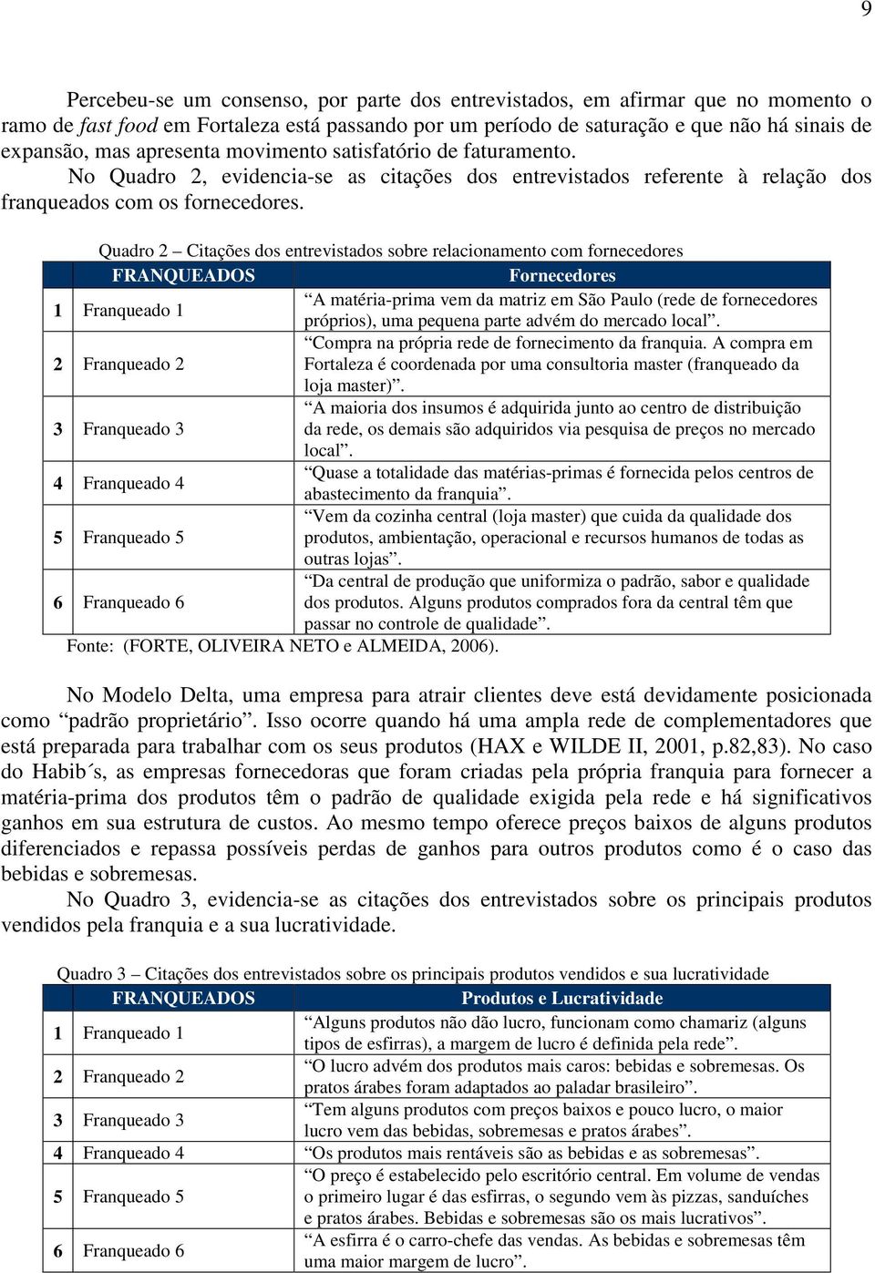 Quadro 2 Citações dos entrevistados sobre relacionamento com fornecedores FRANQUEADOS Fornecedores 1 Franqueado 1 A matéria-prima vem da matriz em São Paulo (rede de fornecedores próprios), uma