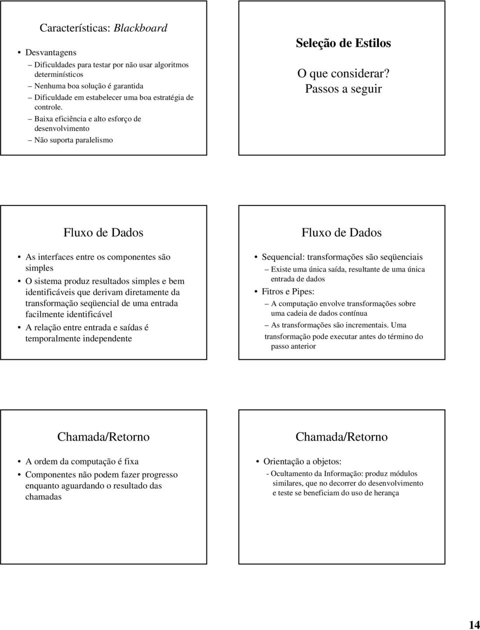 Passos a seguir Fluxo de Dados As interfaces entre os componentes são simples O sistema produz resultados simples e bem identificáveis que derivam diretamente da transformação seqüencial de uma