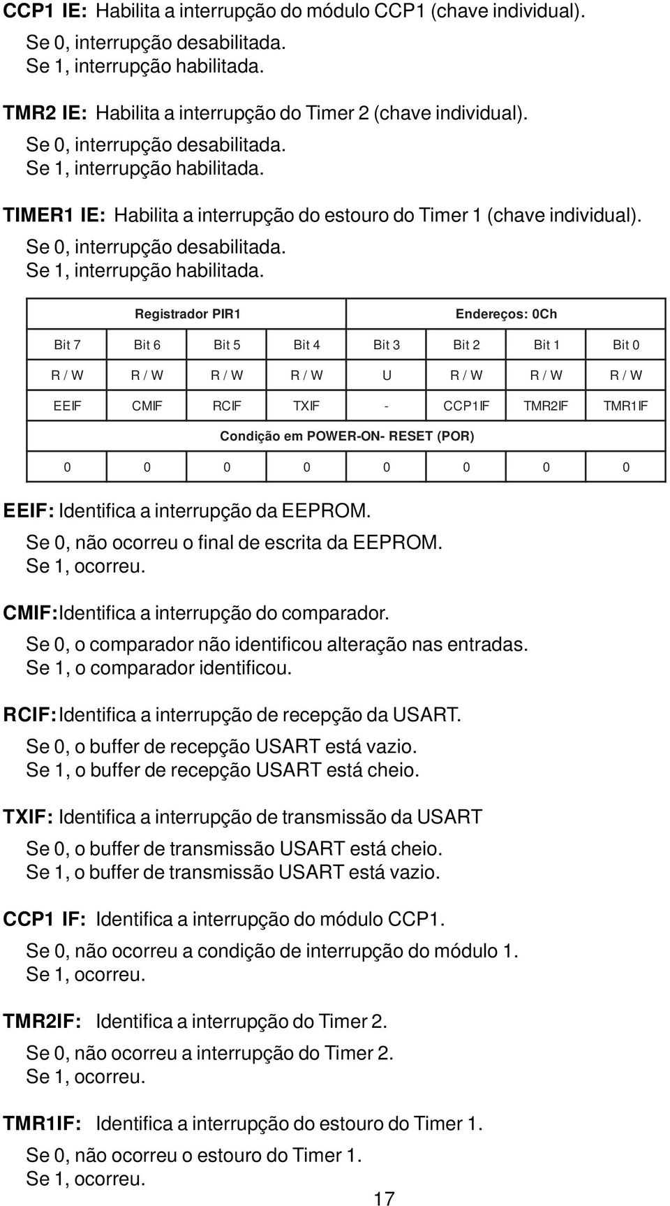 Se 0, não ocorreu o final de escrita da EEPROM. Se 1, ocorreu. CMIF:Identifica a interrupção do comparador. Se 0, o comparador não identificou alteração nas entradas. Se 1, o comparador identificou.