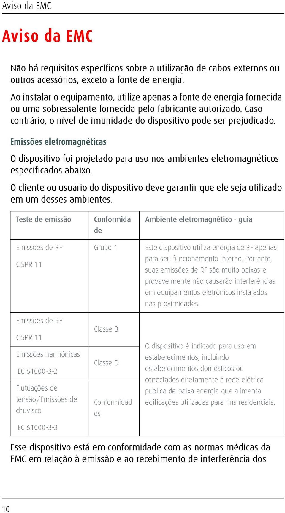 Caso contrário, o nível de imunidade do dispositivo pode ser prejudicado. Emissões eletromagnéticas O dispositivo foi projetado para uso nos ambientes eletromagnéticos especificados abaixo.