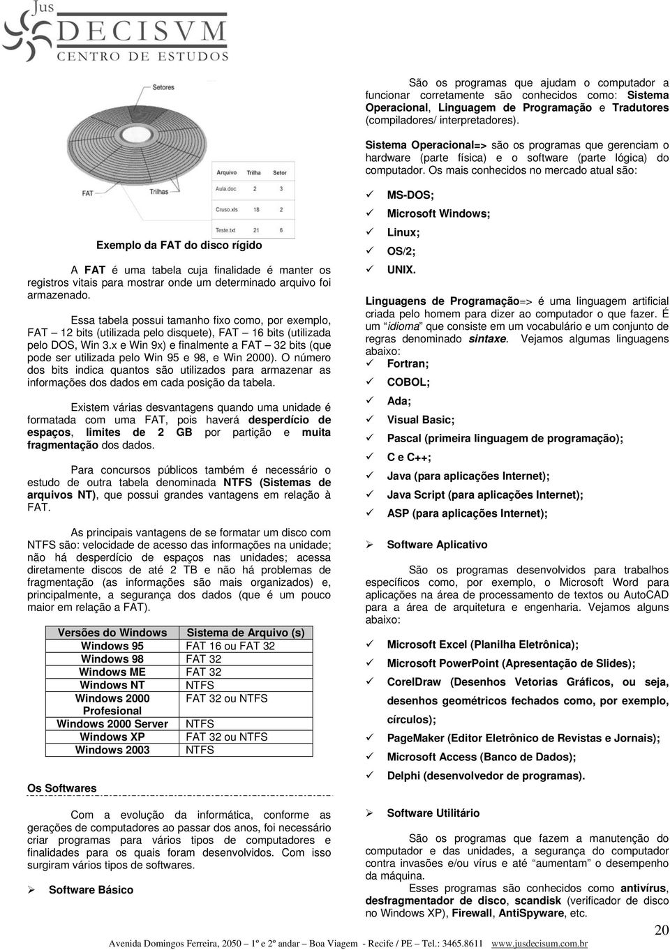 Os mais conhecidos no mercado atual são: Exemplo da FAT do disco rígido A FAT é uma tabela cuja finalidade é manter os registros vitais para mostrar onde um determinado arquivo foi armazenado.