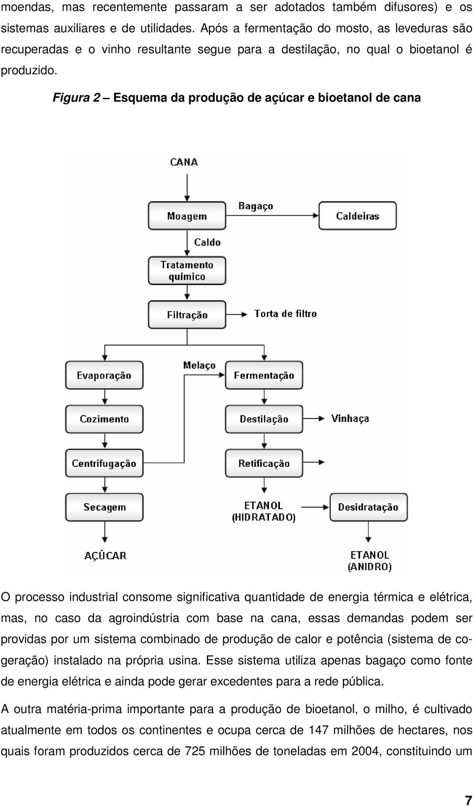 Figura 2 Esquema da produção de açúcar e bioetanol de cana O processo industrial consome significativa quantidade de energia térmica e elétrica, mas, no caso da agroindústria com base na cana, essas