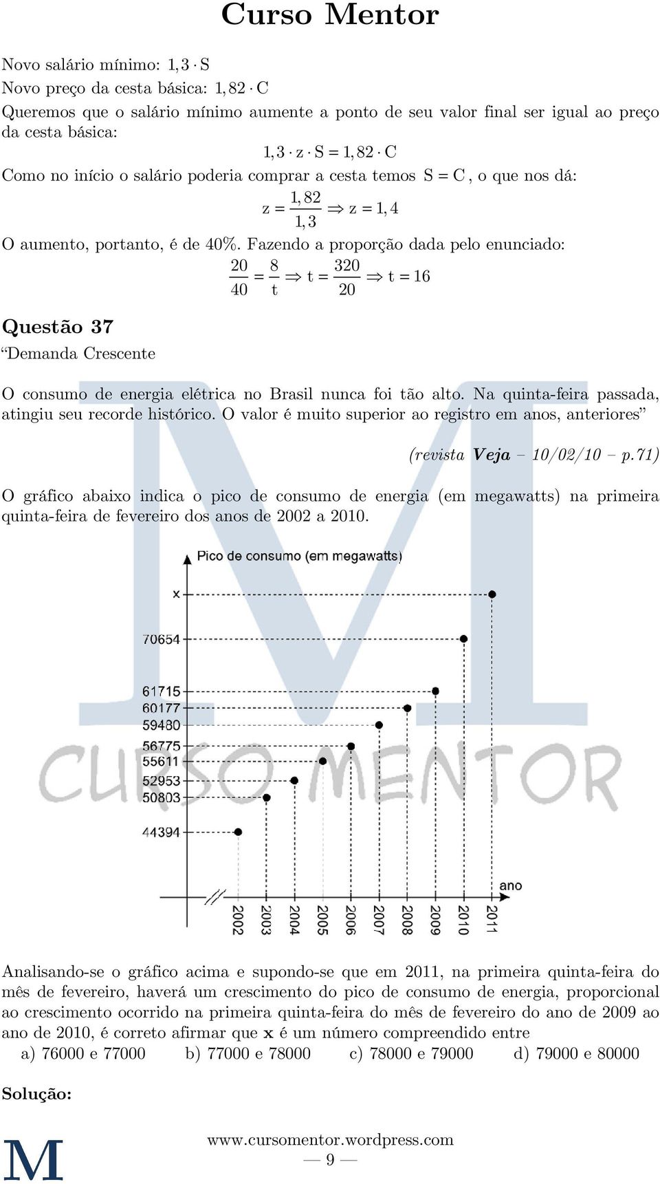 Fazendo a proporção dada pelo enunciado: 0 8 0 = t = t = 16 40 t 0 Questão 7 Demanda Crescente Curso Mentor O consumo de energia elétrica no Brasil nunca foi tão alto.