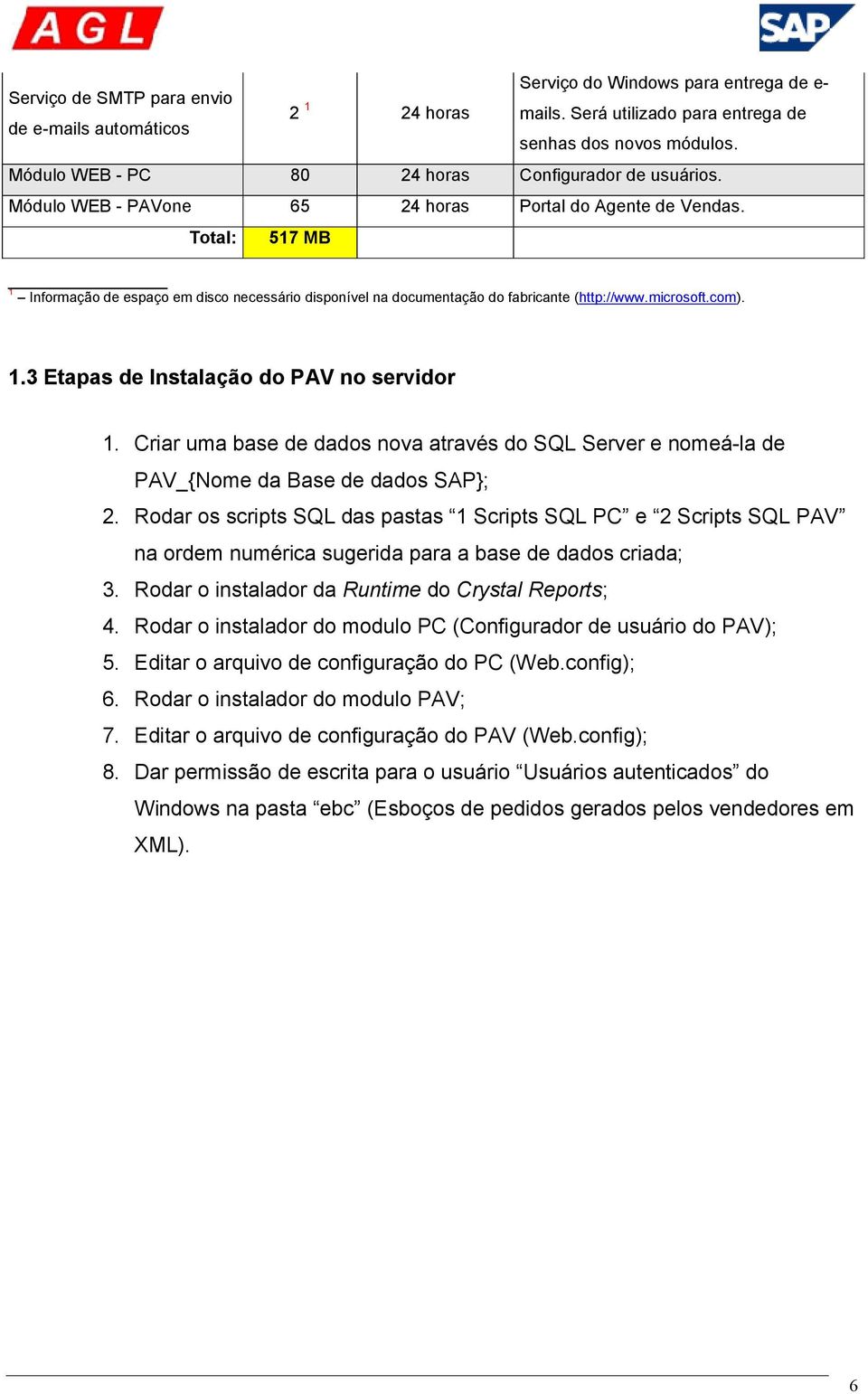 Total: 517 MB 1 Informação de espaço em disco necessário disponível na documentação do fabricante (http://www.microsoft.com). 1.3 Etapas de Instalação do PAV no servidor 1.