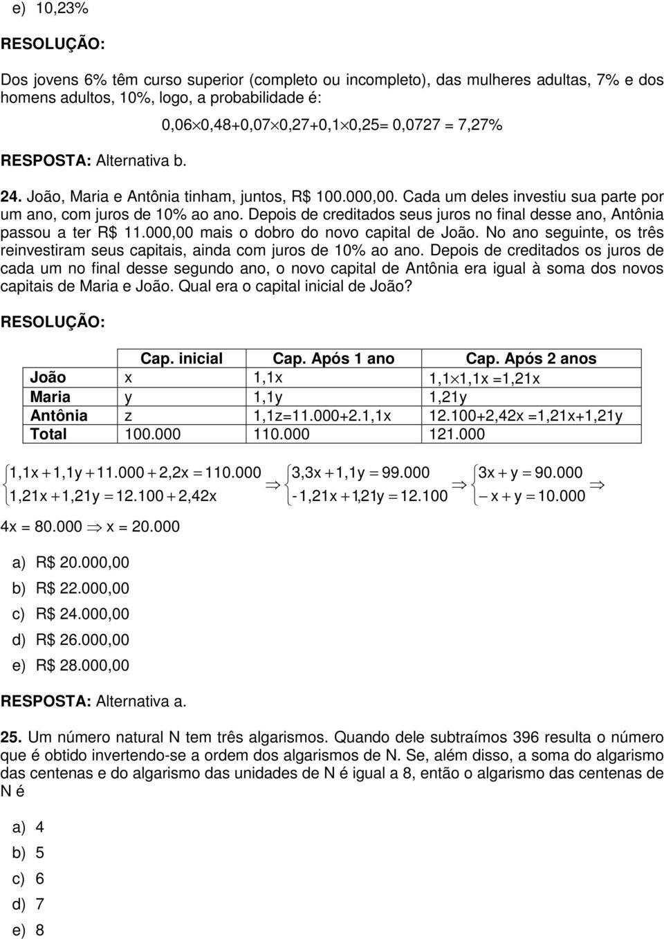 Depois de creditados seus juros no final desse ano, Antônia passou a ter R$ 11.000,00 mais o dobro do novo capital de João.