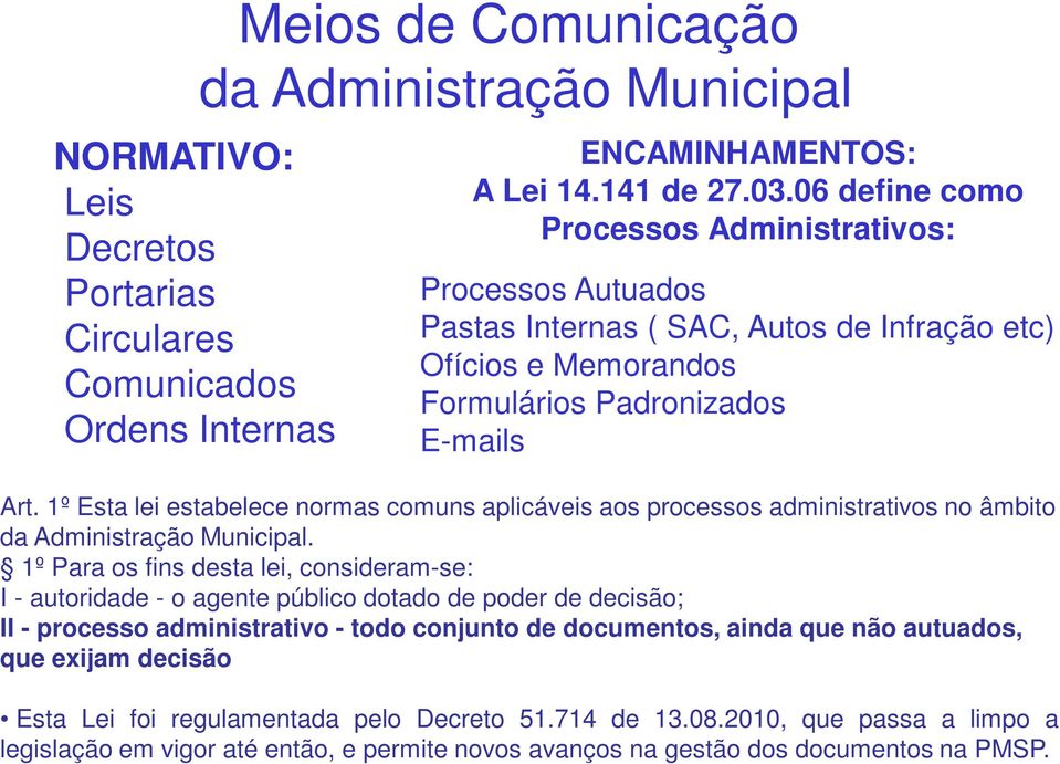 1º Esta lei estabelece normas comuns aplicáveis aos processos administrativos no âmbito da Administração Municipal.