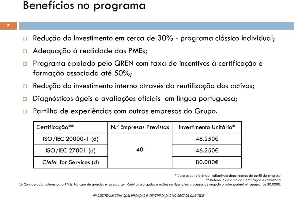 empresas do Grupo. Certificação** N.º Empresas Previstas Investimento Unitário* ISO/IEC 20000-1 (d) 46.250 ISO/IEC 27001 (d) 40 46.250 CMMI for Services (d) 80.