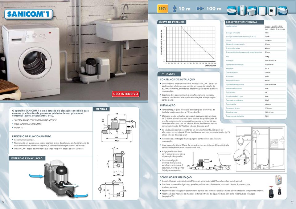 de cabo de alimentação x, mm Amperagem, A Consumo do motor W 9 9 O local técnico onde for instalado o modelo SANICOM deverá ter 9 suficientemente ventilado, Esse local deve estar iluminado e ser