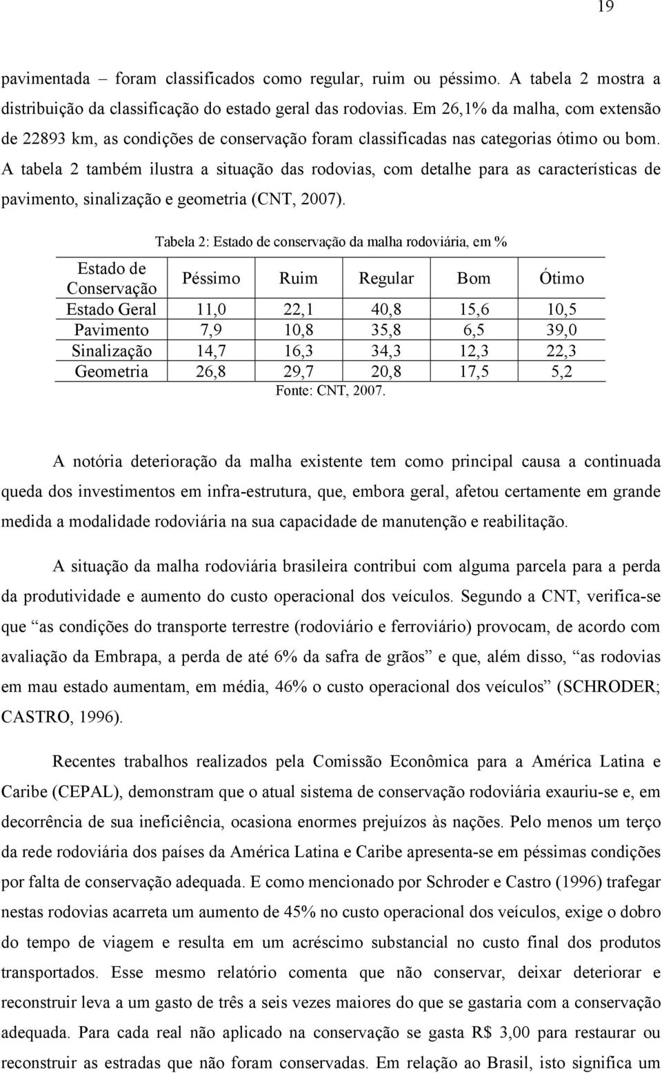 A tabela 2 também ilustra a situação das rodovias, com detalhe para as características de pavimento, sinalização e geometria (CN, 27).