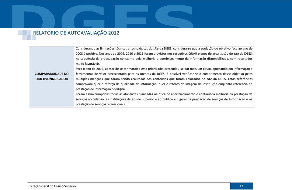 Nos anos de 2009, 2010 e 2011 foram previstos nos respetivos QUAR planos de atualização do site da DGES, na sequência da preocupação constante pela melhoria e aperfeiçoamento da informação