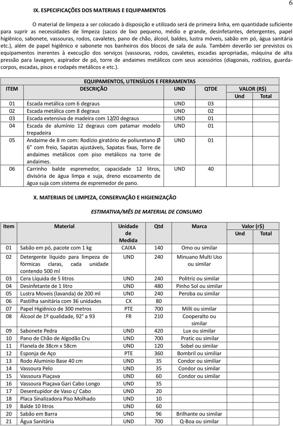 etc.), além de papel higiênico e sabonete nos banheiros dos blocos de sala de aula.