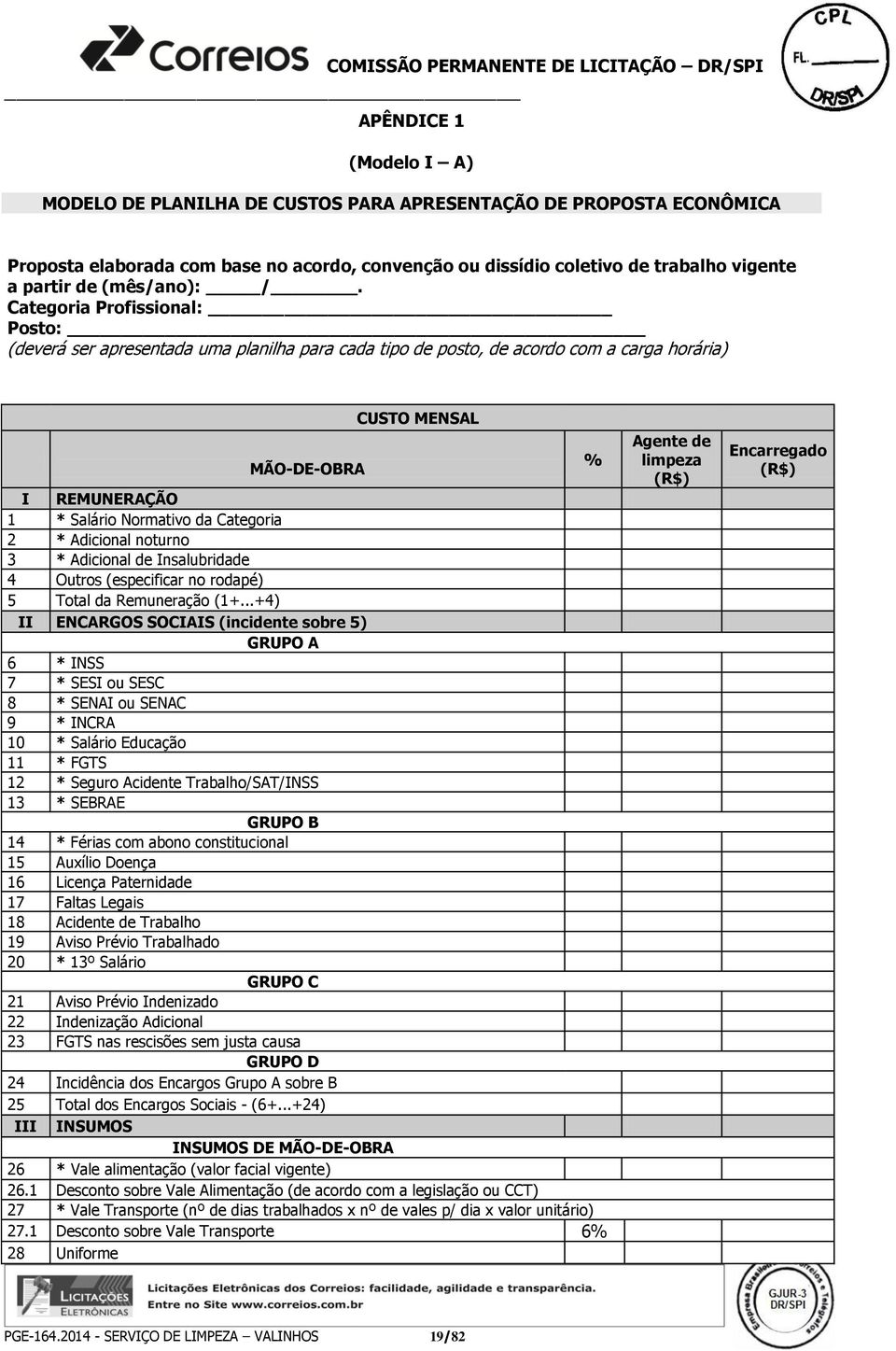 Categoria Profissional: Posto: (deverá ser apresentada uma planilha para cada tipo de posto, de acordo com a carga horária) MÃO-DE-OBRA CUSTO MENSAL I REMUNERAÇÃO 1 * Salário Normativo da Categoria 2