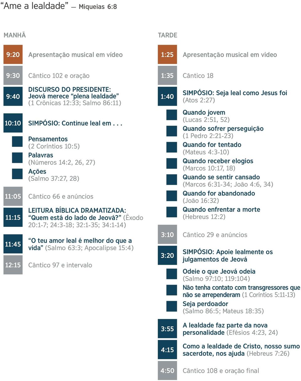 .. Pensamentos (2 Cor íntios 10:5) Palavras (N úmeros 14:2, 26, 27) Aç ões (Salmo 37:27, 28) 11:05 Cântico ˆ 66 e an úncios LEITURA B ÍBLICA DRAMATIZADA: 11:15 Quem est á do lado de Jeov á?