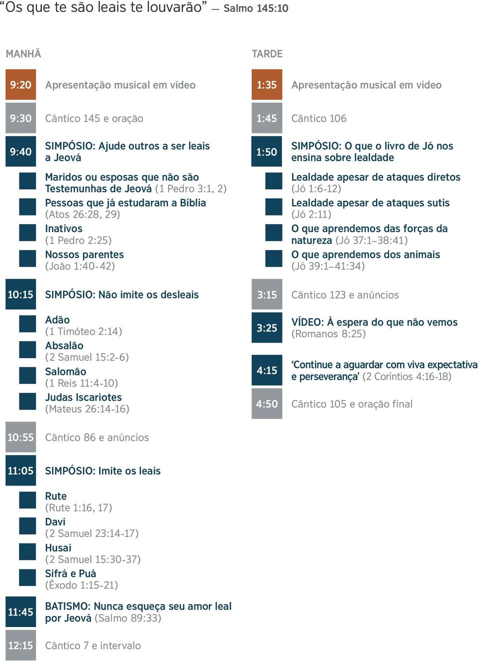 os desleais Adão (1 Tim óteo 2:14) Absalão (2 Samuel 15:2-6) Salomão (1 Reis 11:4-10) Judas Iscariotes (Mateus 26:14-16) TARDE 1:35 Apresentaç ão musical em v ídeo 1:45 C ˆ ântico 106 1:50 SIMP ÓSIO: