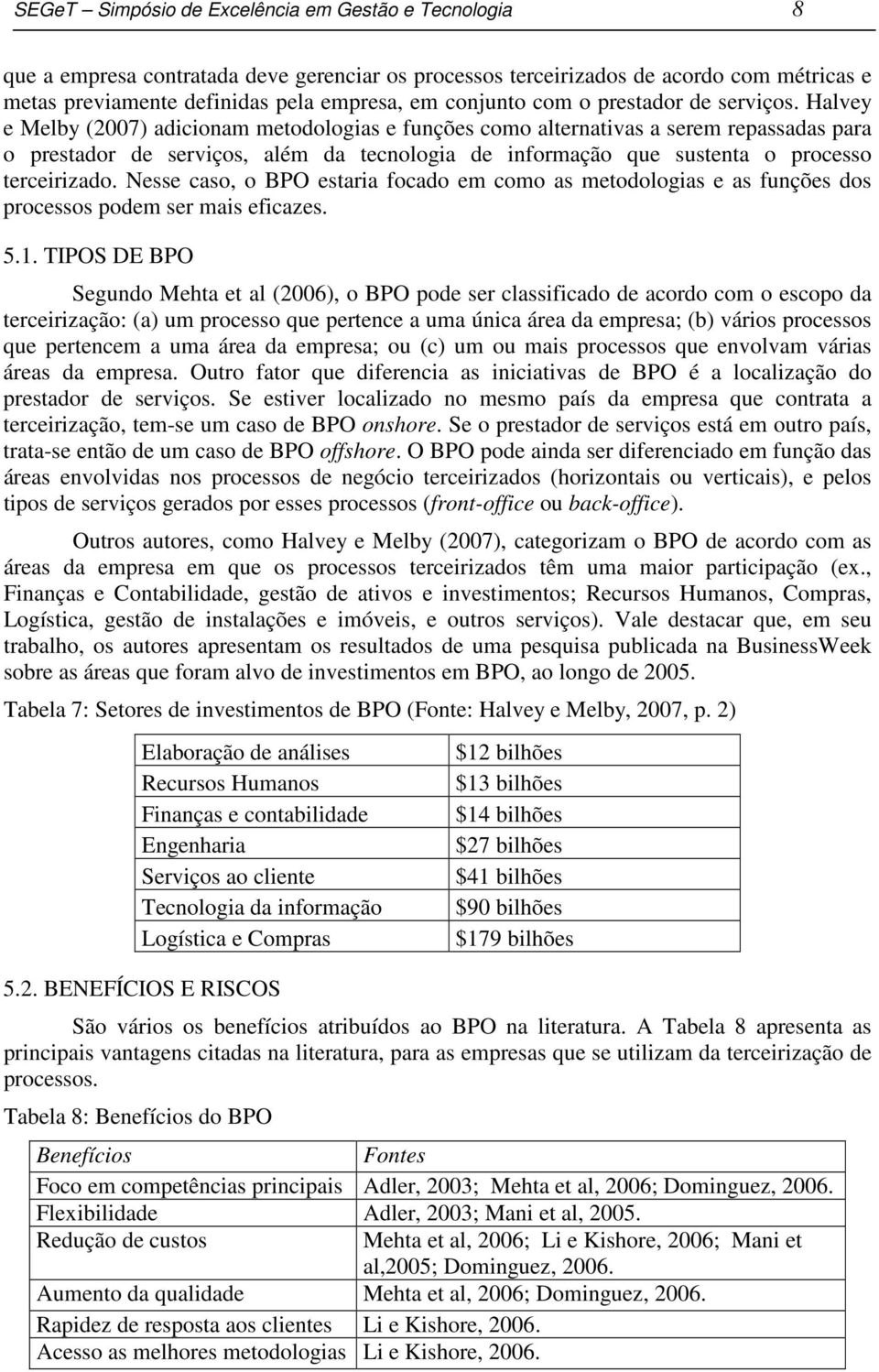 Halvey e Melby (2007) adicionam metodologias e funções como alternativas a serem repassadas para o prestador de serviços, além da tecnologia de informação que sustenta o processo terceirizado.