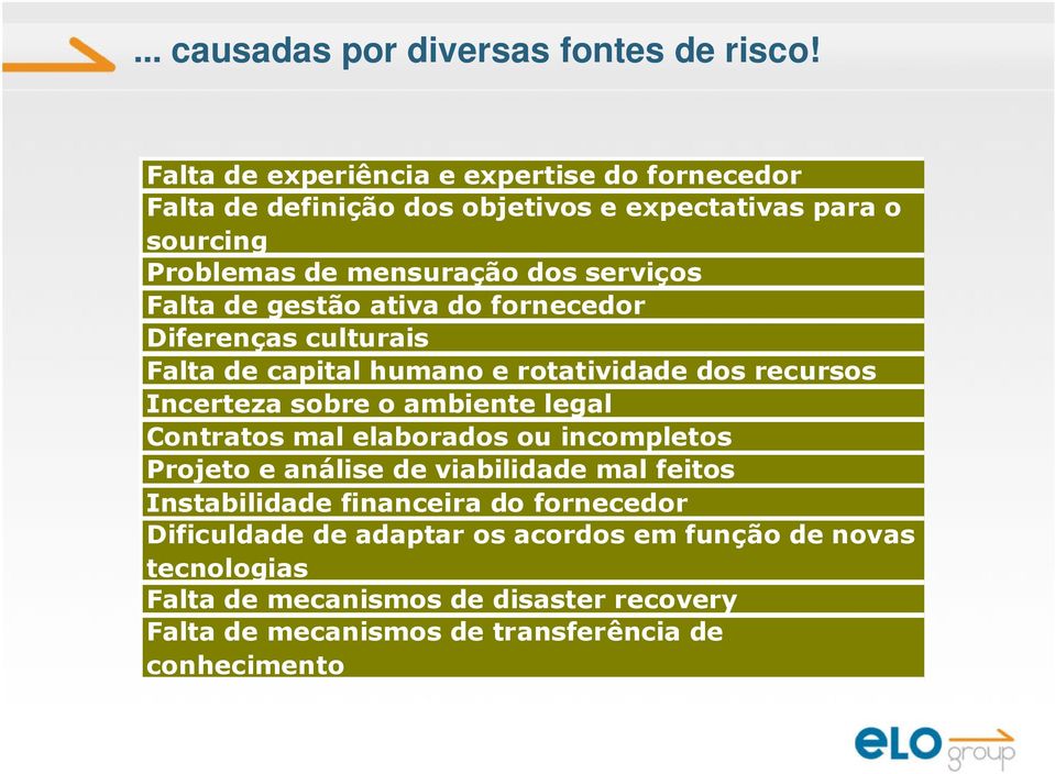 de gestão ativa do fornecedor Diferenças culturais Falta de capital humano e rotatividade dos recursos Incerteza sobre o ambiente legal Contratos mal