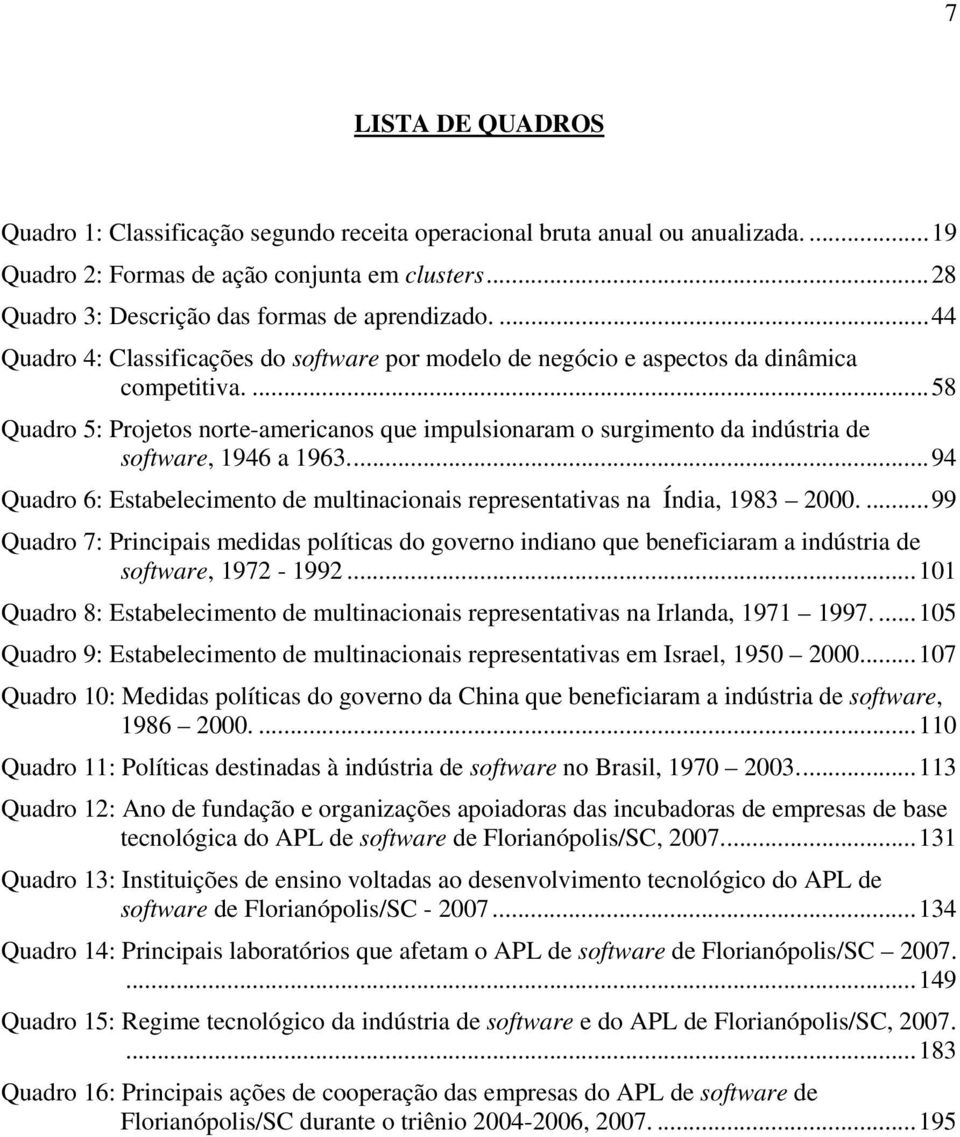 ... 58 Quadro 5: Projetos norte-americanos que impulsionaram o surgimento da indústria de software, 1946 a 1963.... 94 Quadro 6: Estabelecimento de multinacionais representativas na Índia, 1983 2000.