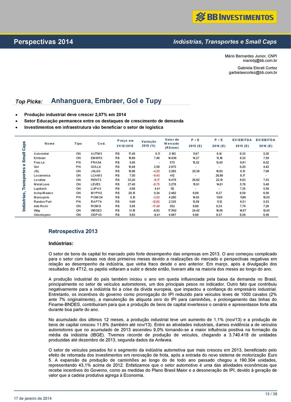 br Top Picks: Anhanguera, Embraer, Gol e Tupy Produção industrial deve crescer 2,07% em 2014 Setor Educação permanece entre os destaques de crescimento de demanda Investimentos em infraestrutura vão