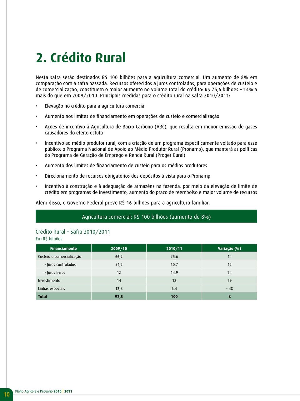 Principais medidas para o crédito rural na safra 2010/2011: Elevação no crédito para a agricultura comercial Aumento nos limites de financiamento em operações de custeio e comercialização Ações de