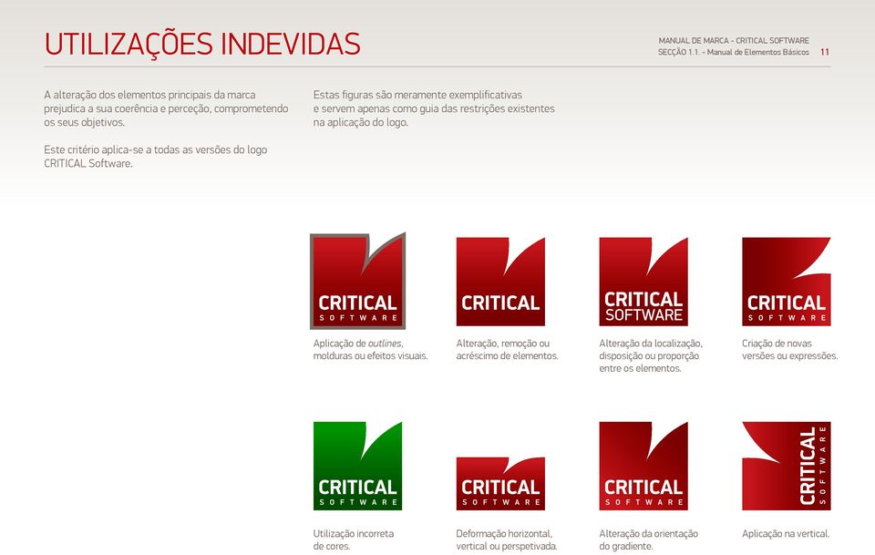 Este critério aplica-se a todas as versões do logo CRITICAL Software. Aplicação de outlines, molduras ou efeitos visuais. Alteração, remoção ou acréscimo de elementos.