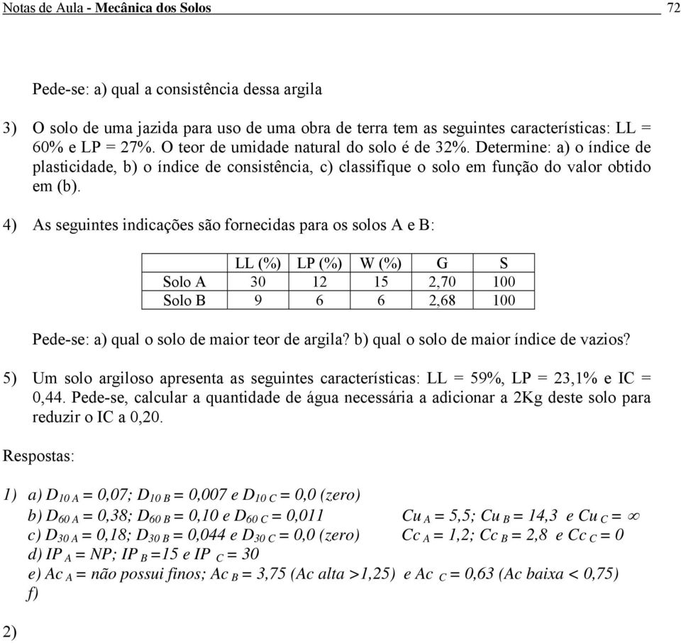 4) As seguintes indicações são fornecidas para os solos A e B: LL (%) LP (%) W (%) G S Solo A 30 12 15 2,70 100 Solo B 9 6 6 2,68 100 Pedese: a) qual o solo de maior teor de argila?