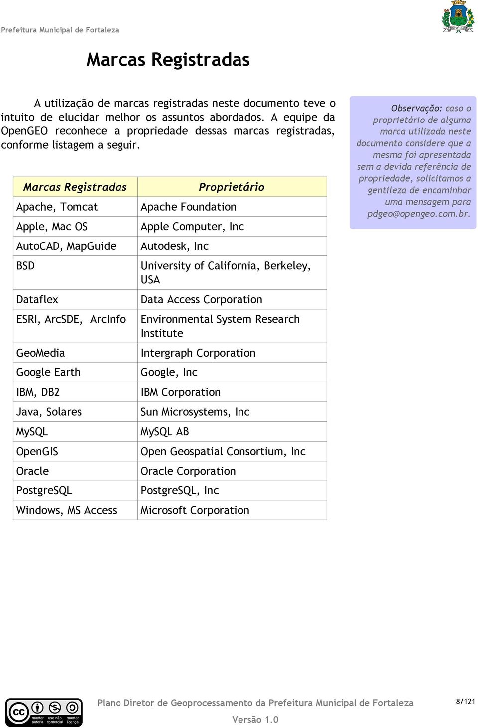 Maras Registradas Proprietário Apahe, Tomat Apahe Foundation Apple, Ma OS Apple Computer, In AutoCAD, MapGuide Autodesk, In BSD University of California, Berkeley, USA Dataflex Data Aess Corporation