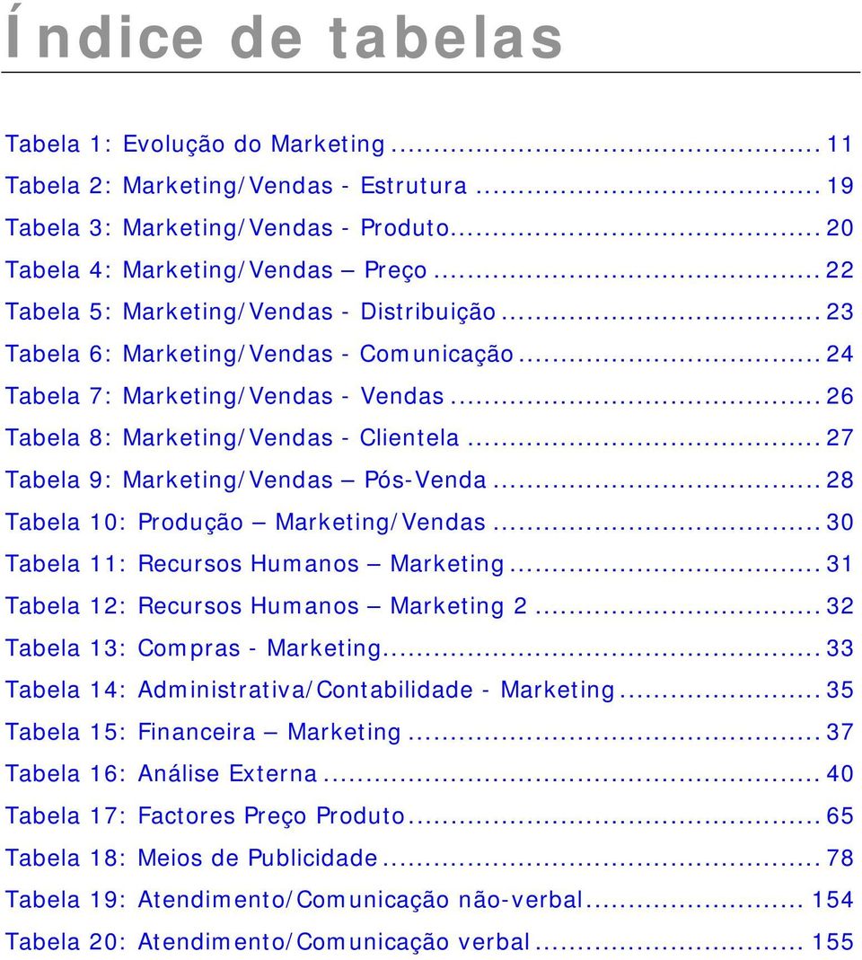 .. 27 Tabela 9: Marketing/Vendas Pós-Venda... 28 Tabela 10: Produção Marketing/Vendas... 30 Tabela 11: Recursos Humanos Marketing... 31 Tabela 12: Recursos Humanos Marketing 2.