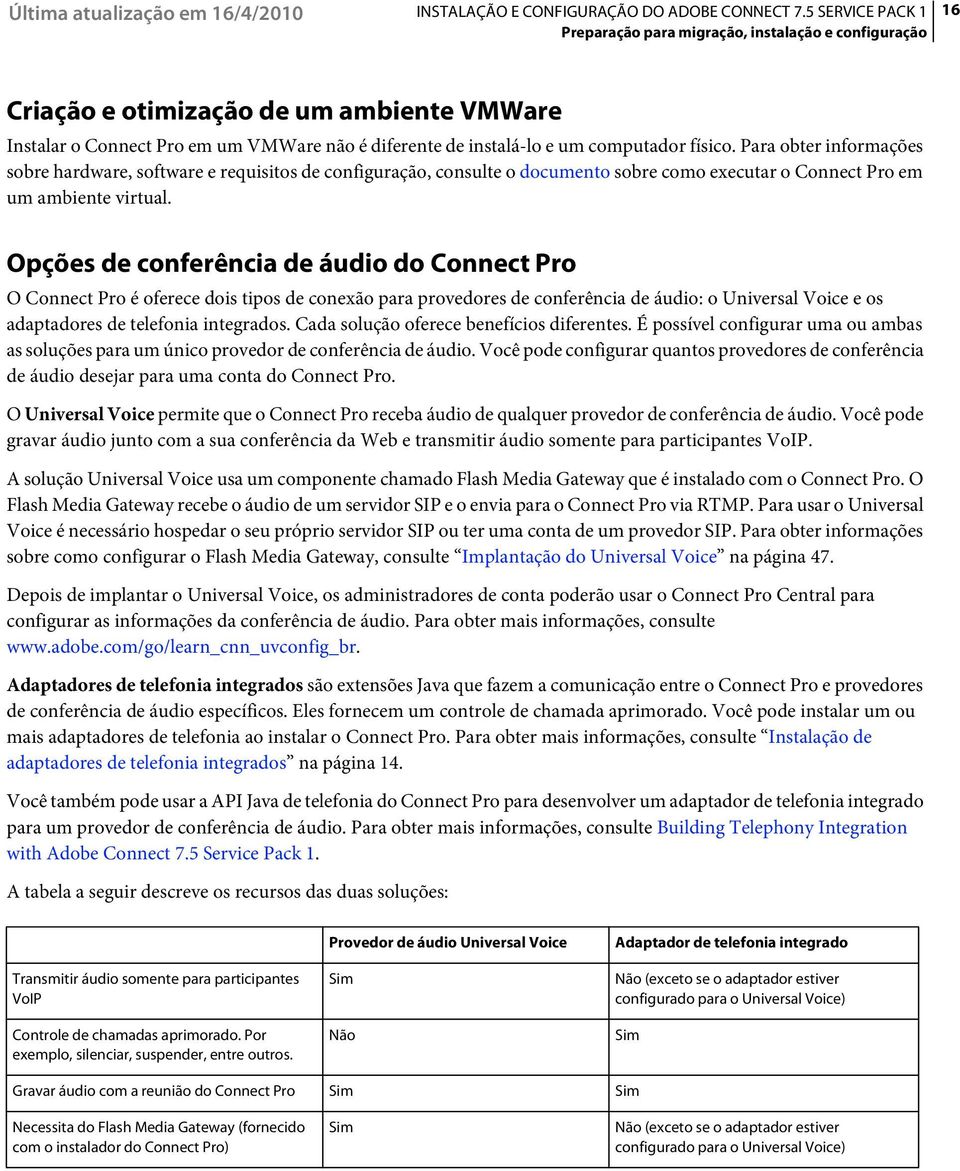 Opções de conferência de áudio do Connect Pro O Connect Pro é oferece dois tipos de conexão para provedores de conferência de áudio: o Universal Voice e os adaptadores de telefonia integrados.