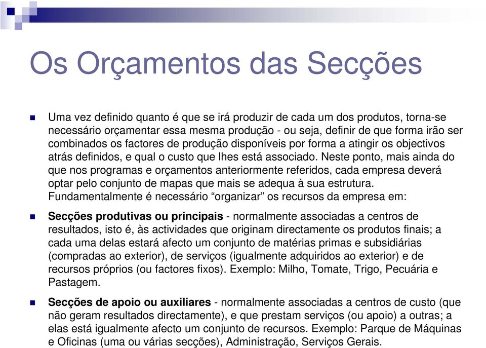 Neste ponto, mais ainda do que nos programas e orçamentos anteriormente referidos, cada empresa deverá optar pelo conjunto de mapas que mais se adequa à sua estrutura.