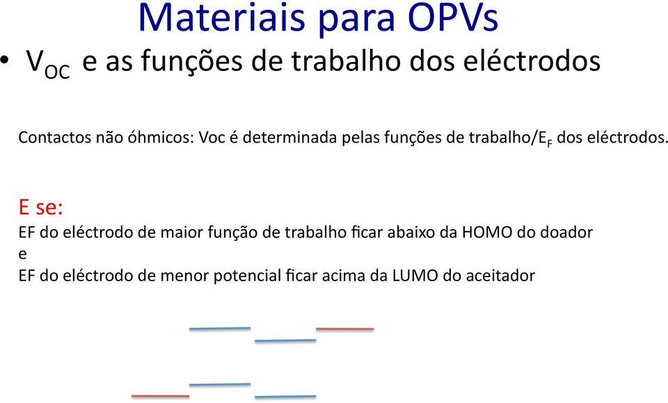 E se: EF do eléctrodo de maior função de trabalho ficar abaixo da HOMO do