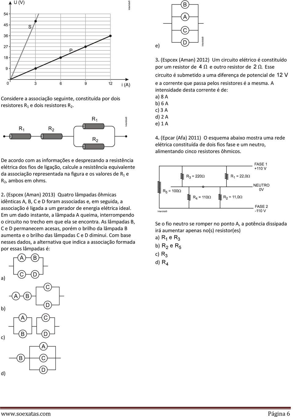 2. (Espcex (Aman) 2013) Quatro lâmpadas ôhmicas idênticas A, B, C e D foram associadas e, em seguida, a associação é ligada a um gerador de energia elétrica ideal.